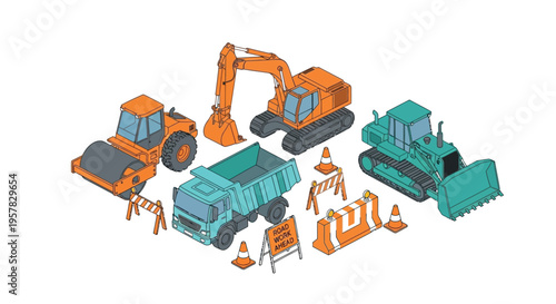 Isometric construction vehicles and roadwork signage a detailed illustration silhouette