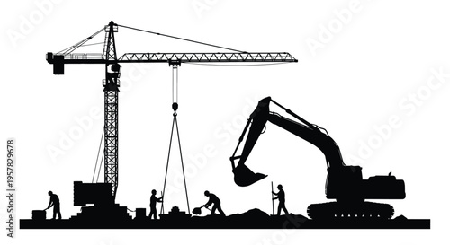 Construction site with crane excavator and workers a dark silhouette