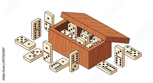 Wooden dominoes spilling from an open box a simple silhouette