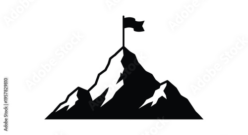 Mountain peak with a flag minimalistic black design silhouette