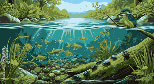Serene underwater scene with sunlight filtering through clear water, showcasing a school of fish swimming near aquatic plants and a submerged log in a peaceful river or lake environment