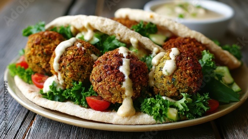 Falafel Wraps With Hummus Tahini Sauce Lettuce Tomatoes And Cucumbers On A Plate image photo