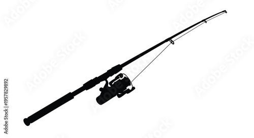A black silhouette of a fishing rod and reel against white background
