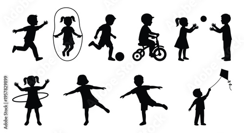 Children playing with toys and enjoying outdoor activities black silhouette