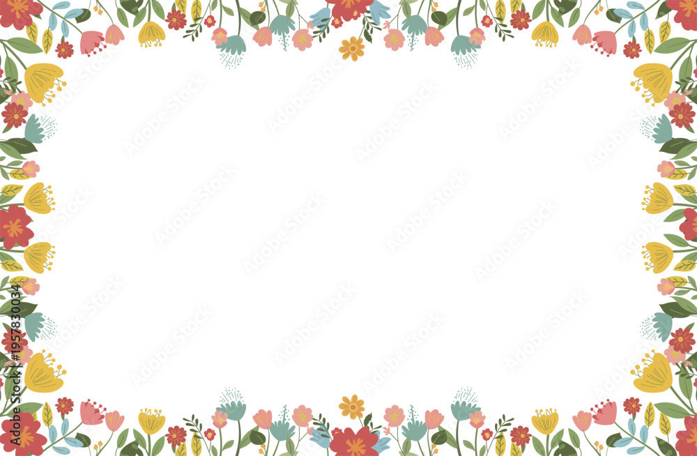 Obraz premium 北欧風手描きの花々をあしらったボタニカルな長方形フレーム素材