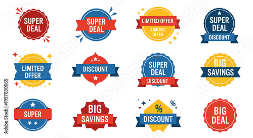 Collection of discount and savings labels.