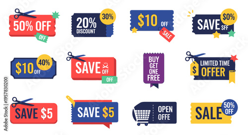 Discount sale tags and stickers.