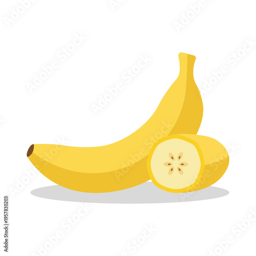 Flat vector illustration of a whole yellow banana and a slice isolated on white