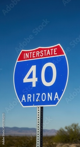 Interstate 40 Arizona Highway Sign Against Clear Blue Sky Iconic Route Marker