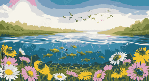Illustration of a serene lake scene with colorful flowers in the foreground, birds flying overhead, and a cloudy sky, against a natural landscape background.