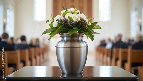 Modern silver cremation urn with white and purple floral arrangement in a church ceremony with memorial service