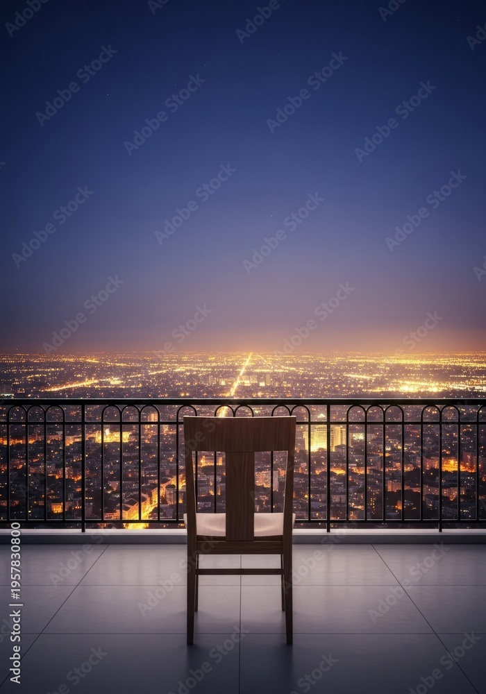 Naklejka premium An empty chair on a high balcony overlooks a vast urban landscape glowing with golden lights under a dark night sky in a quiet moment, twilight, illumination, midnight