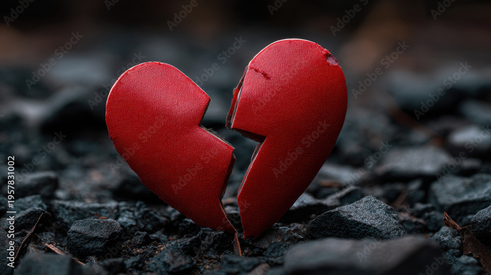 Obraz premium Broken heart red wooden heart cracked on dark gravel ground emotional broken relationship symbol