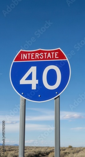 Interstate 40 Highway Sign Against A Vast Blue Sky And Arid Landscape