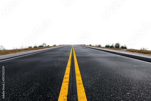 Asphalt road with double yellow lines receding into blackness with sparse desert vegetation highway, Png, Isolated on Transparent Background, Cut Out