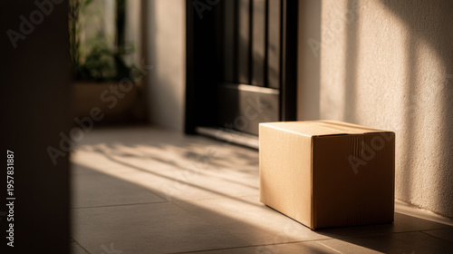 Wallpaper Mural Cardboard box delivery box doorstep morning sunlight shadow entrance tile floor corrugated box parcel package Torontodigital.ca