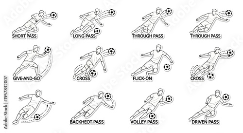 Collection of line art illustrations demonstrating twelve distinct soccer passing techniques and player movements.