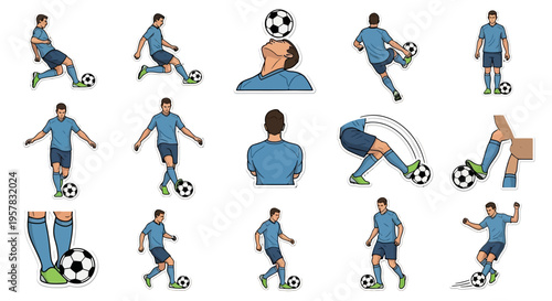 Collection of illustrations depicting a soccer player performing various actions and skills with a football on a white background.