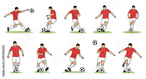 Vector illustration set of a soccer player in a red jersey demonstrating various football skills and techniques with a ball on a green field.