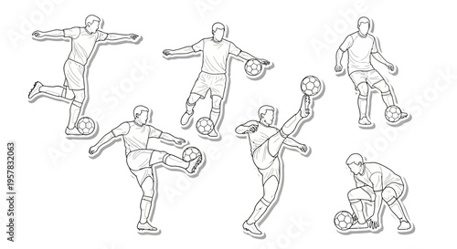Line art illustration of a soccer player demonstrating various ball control and dribbling techniques in different dynamic poses.