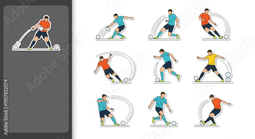 Illustrations of soccer players performing various training drills and movements, including battle rope exercises and dribbling techniques.