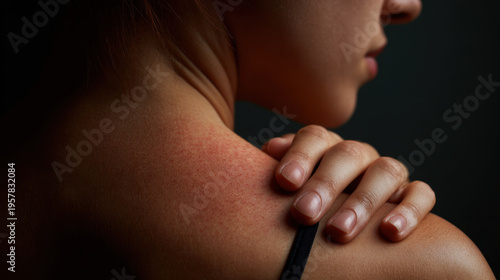 Red irritated skin on upper back and shoulder with hand gently touching area, showing redness and discomfort from rash or sunburn