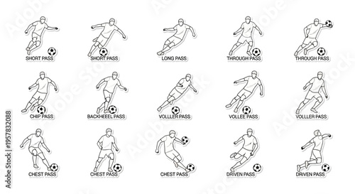 A collection of 15 line art illustrations depicting various soccer passing techniques, including short, long, through, chip, backheel, volley, chest, driven, and sweep passes.