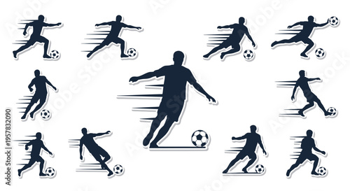 Collection of dynamic soccer player silhouettes in various action poses with speed lines, depicting football game movements and athleticism.