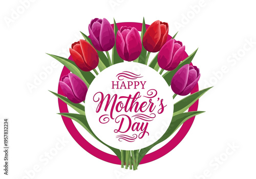 Happy Mother's Day Greeting Card with Beautiful Red and Purple Tulip Bouquet in a Circular Frame on a Clean White Background