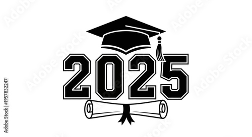 Class of 2025 Graduation Icon with Mortarboard and Diploma, Black and White Vector Graphic for Academic Achievement