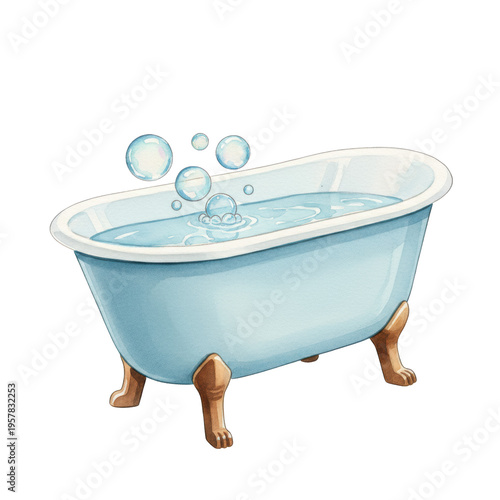 light blue modern clawfoot bathtub with wood legs and clear water, floating iridescent bubbles, rendered as a highly detailed watercolor illustration on a gray background, personal luxury concept
