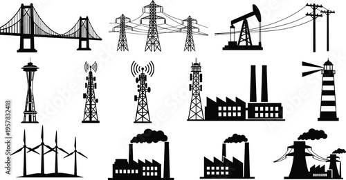 Black and white industrial infrastructure icons set featuring bridge power lines oil rig communication towers factory buildings wind turbines and lighthouse for engineering projects