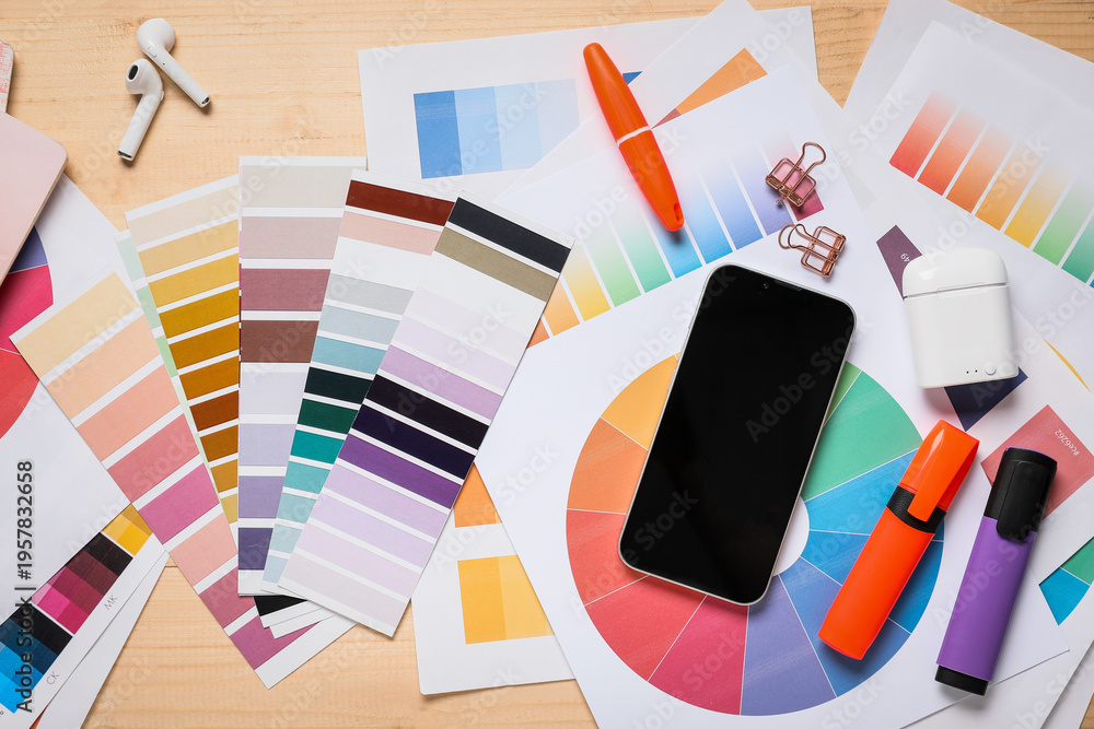 Obraz premium Mobile phone with earphones, stationery and color palettes on brown wooden background, top view