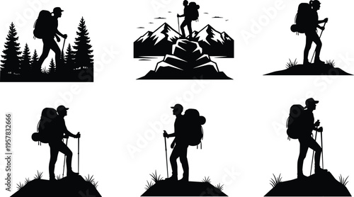 Collection of black hiker silhouettes and backpackers isolated on white background, outdoor trekking vector set for mountain adventure, wilderness camping, and hiking travel.