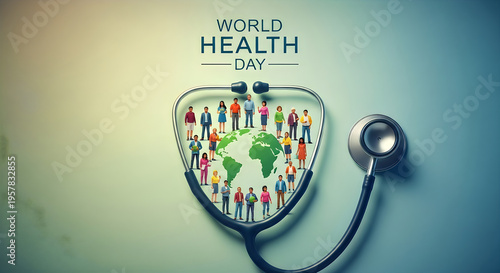 A conceptual representation of global health featuring a stethoscope framing a miniature earth