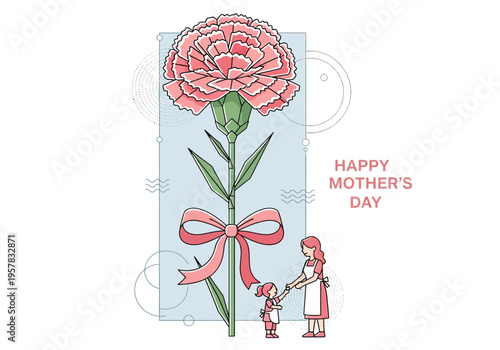 Happy Mother's Day Illustration with Large Pink Carnation and Mother and Daughter Characters
