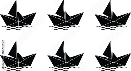 A repeating pattern of six black paper boat icons sailing on stylized waves against white background