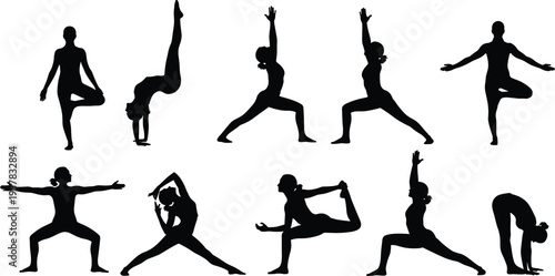 Collection of black yoga pose silhouettes and women exercising isolated on white background, fitness vector set for wellness center, meditation, and healthy lifestyle.