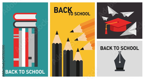 Back to School Education Banners and Posters Set with Books, Pencils, Graduation Cap, and Pen Nib Illustrations
