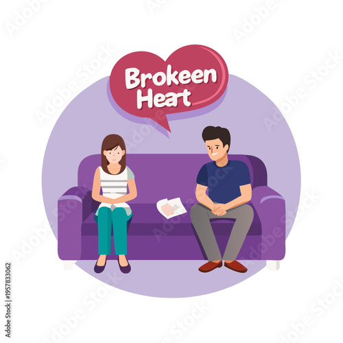 Unhappy man and woman sit apart on a purple sofa with arms crossed while a broken heart speech bubble floats between them.