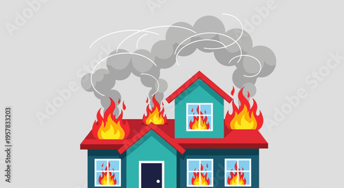 Flat Vector Illustration of a House on Fire with Smoke Clouds Representing Disaster and Home Insurance Claims