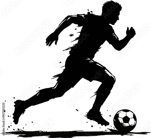 Soccer Player Dribbling Ball Silhouette, Fast Running Football Athlete Ink Art