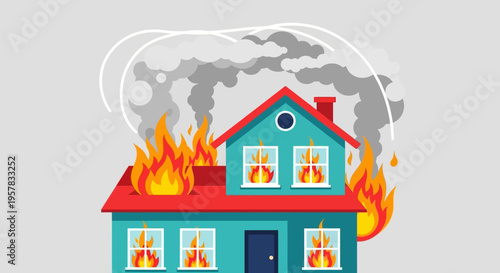 House on Fire Vector Illustration, Burning Home with Smoke and Flames for Insurance Claims, Fire Safety Awareness, and Emergency Property Damage Concepts