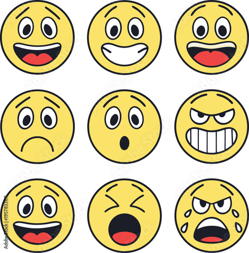 Set of 9 emoticon faces vector