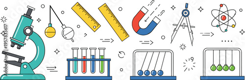 Science laboratory equipment vector set with microscope, test tubes, magnet, atom model, and physics tools for STEM education