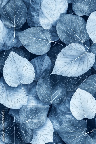 Monochrome digital illustrtion of autumn leaves in bue tones. Minimalistic, elgant texture, abstract sealess background, high detal, vertical orientation, ceative seasonal template