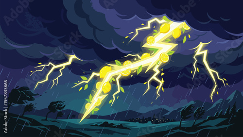 Lightning bolt with lemons and leaves, storm, rain, nature, abstract, concept
