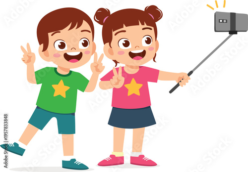 Happy kids taking selfie with smartphone on selfie stick, boy and girl smiling showing peace sign gesture, friendship fun vector illustration isolated. Ideal for social media, technology etc.