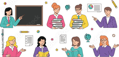 Professional teacher and diverse students education vector set with blackboard, books, lesson presentation, studying characters, and school supplies
