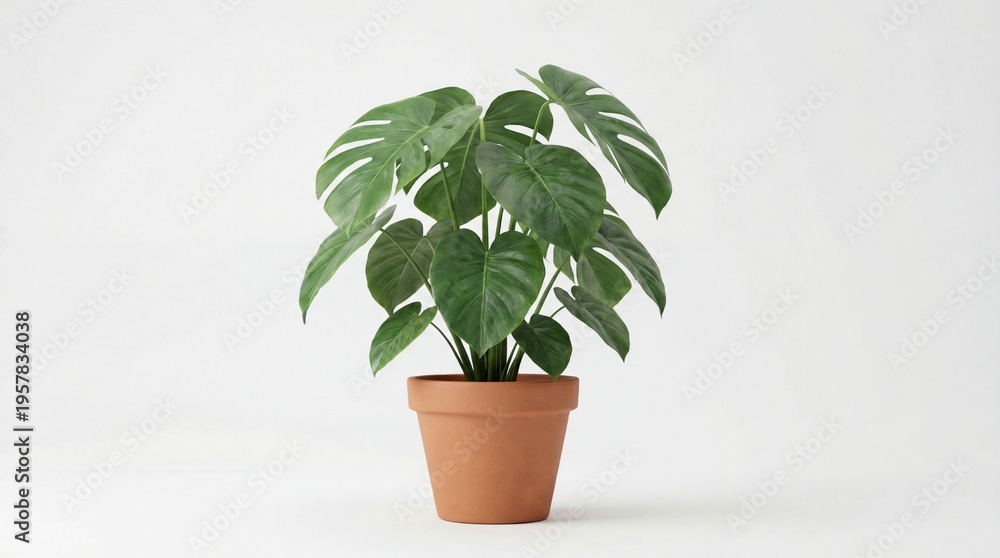 Fototapeta premium Potted monstera plant on white background, terracotta pot with glossy split leaves, soft studio lighting casting gentle shadows, clean modern interior styling with Scandinavian influence, botanical